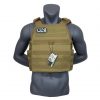 Tan tactical plate carrier vest displayed on a mannequin with a tag attached.