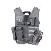 Gray tactical vest featuring multiple pockets and adjustable straps in a camouflage pattern.