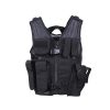 Black tactical vest featuring multiple pockets and adjustable straps for secure fit.