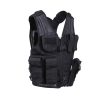 Black tactical vest featuring multiple pockets and a zippered front closure.