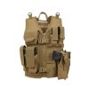 Tan tactical vest featuring multiple pockets and holsters for equipment storage.