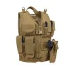 Tan tactical vest featuring multiple pockets and a side holster for a firearm.