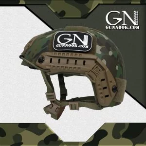 Camo tactical helmet featuring adjustable straps and a logo patch on the front.