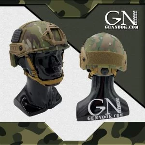 Camo tactical helmet displayed on a black mannequin head with a camouflage background.