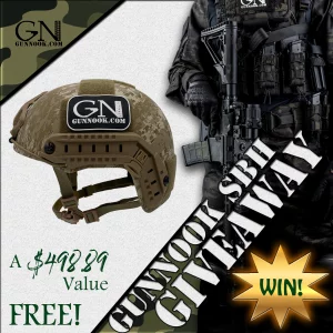 Tactical helmet with camouflage pattern and GunNook logo on a promotional background for a giveaway.