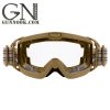 Tan tactical goggles featuring adjustable straps and a clear lens for visibility.
