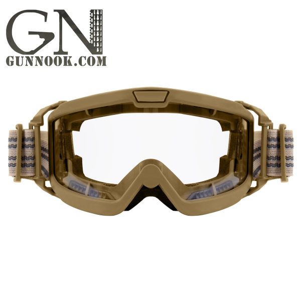 Tan tactical goggles featuring adjustable straps and a clear lens for visibility.