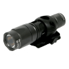 Black tactical flashlight with a mounting bracket and textured grip for secure handling.