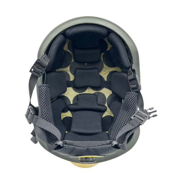 Safety helmet interior with padded lining and adjustable straps for comfort and fit, designed for protection in various environments.