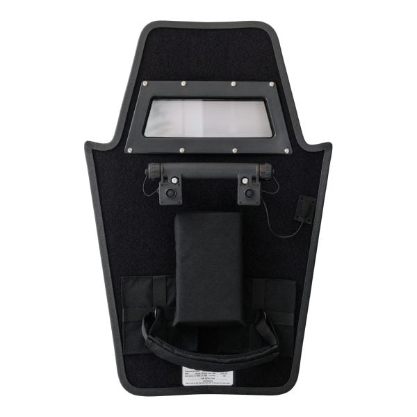 Tactical shield featuring a transparent viewing window and handle, designed for law enforcement and security applications.