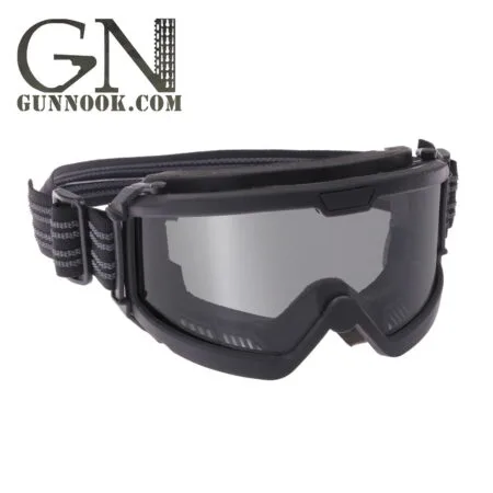 Black tactical goggles with a clear lens and adjustable strap for secure fit.