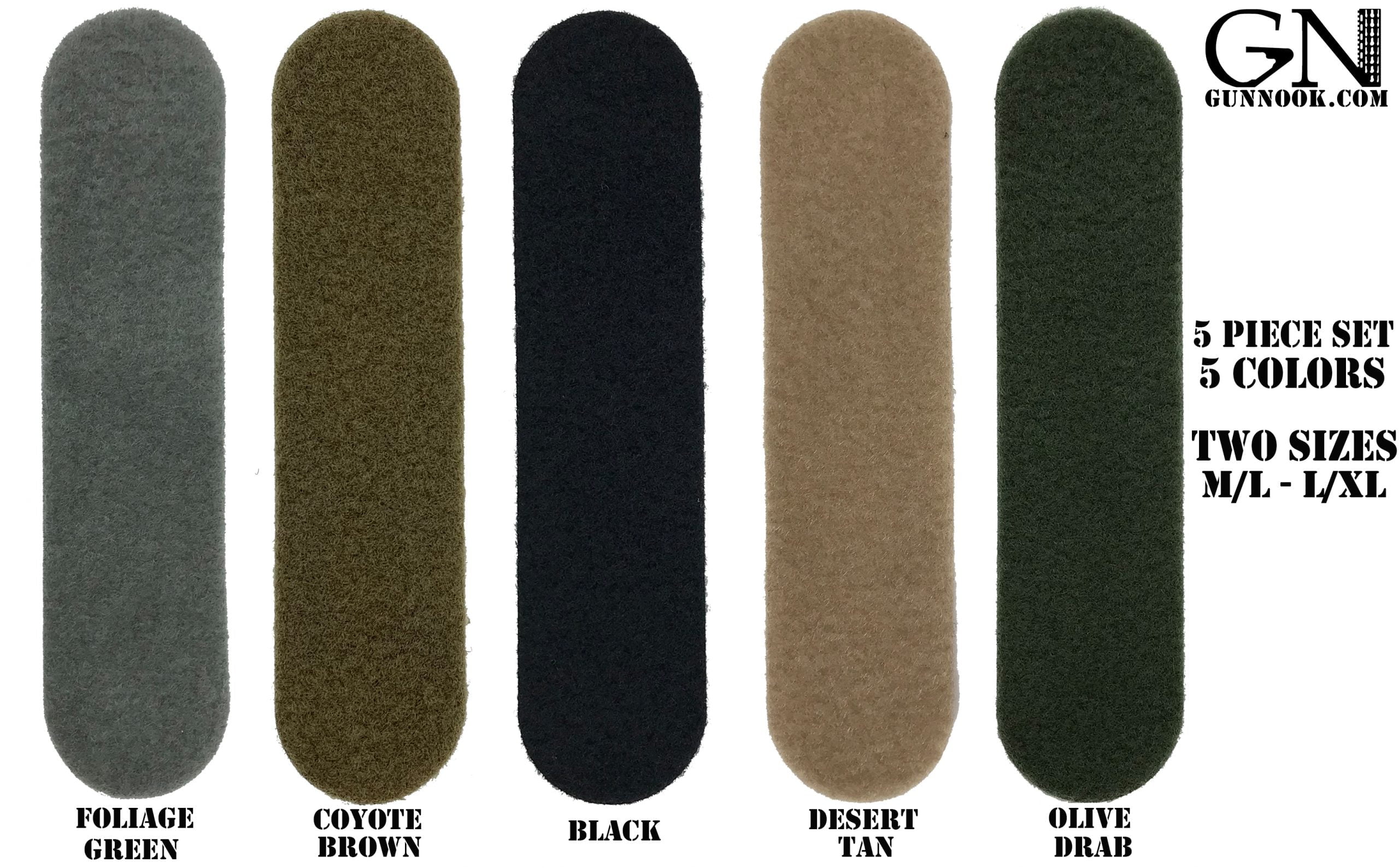Set of olive drab fabric pieces arranged in various shapes on a white background.