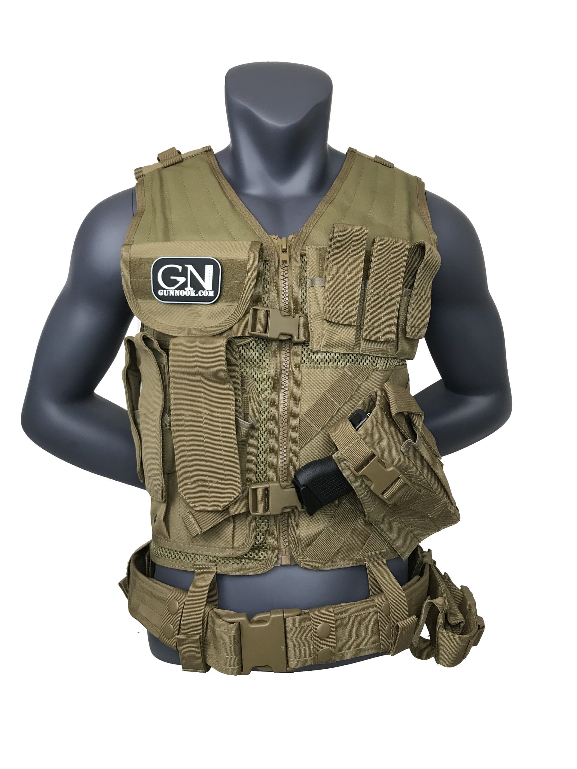 Black tactical vest featuring a mesh design and multiple attachment points for gear.