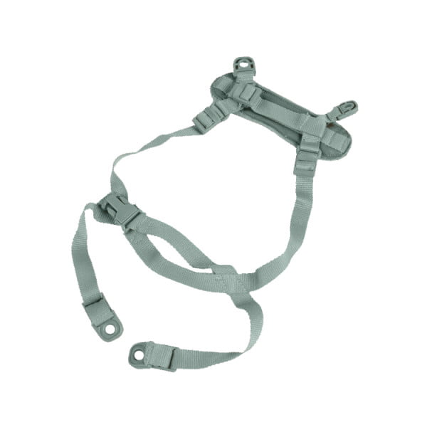 Green four-point chinstrap harness with adjustable straps and clips.