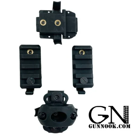 Black gun accessory set including a mounting base and two rail sections.