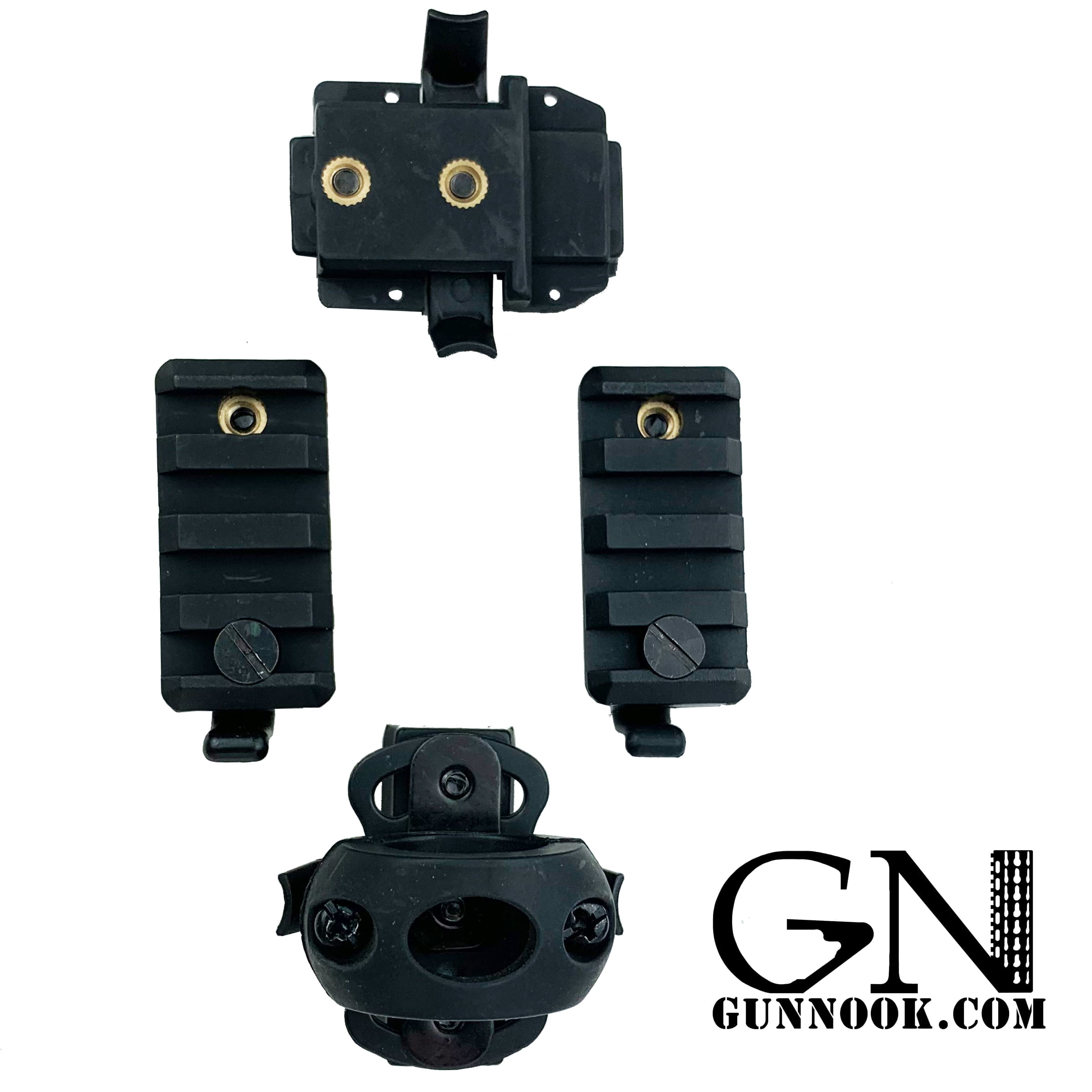 Black gun accessory set including a mounting base and two rail sections.