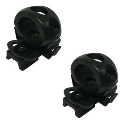 Two black clamp rings with a rounded design and mounting base for secure attachment.